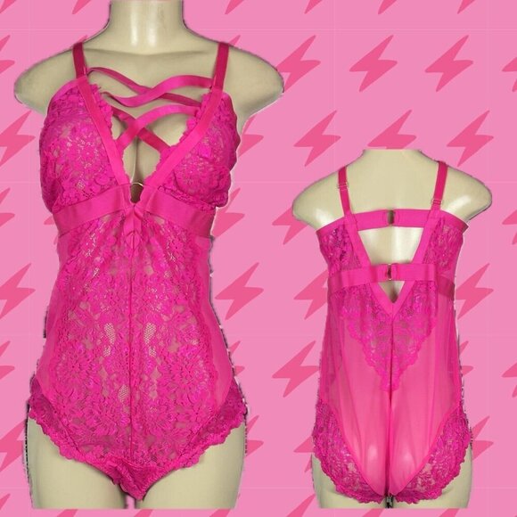 Torrid +4 Pink Sheer Mesh Lace Caged Neckline & Back Adjustable Strap Bodysuit - Picture 1 of 6